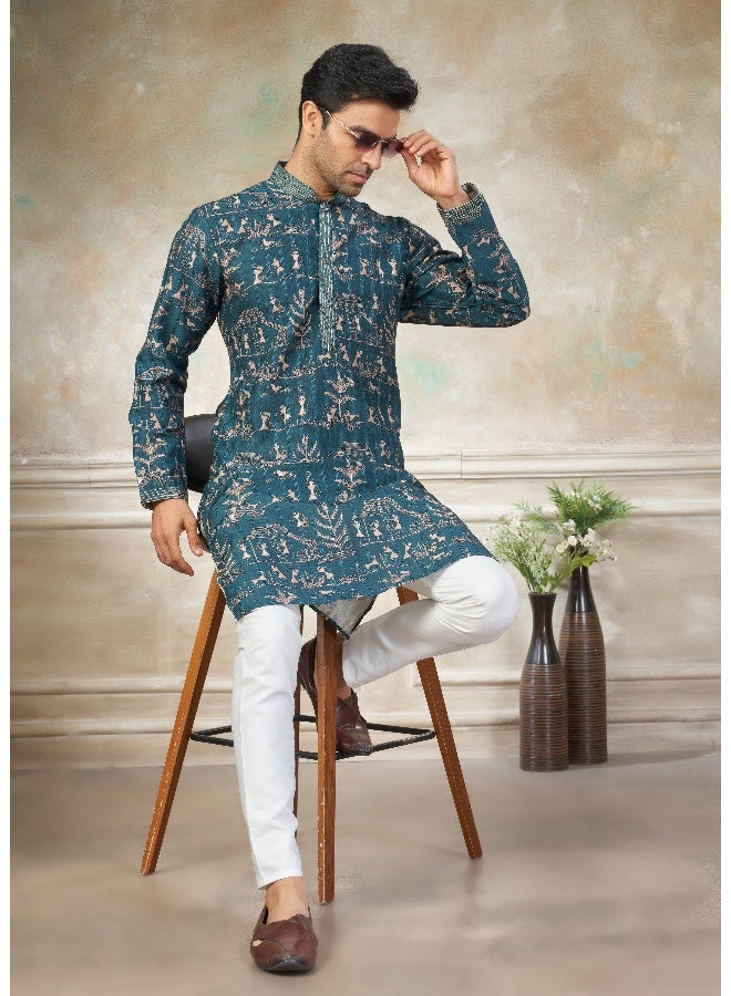 OUTLUK Teal Blue Embroidered Kurta for Men - Image 3